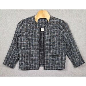 Bedford‎ Fair Jacket Womens 20W Black Blue Tweed Open Front Faux Leather Trim